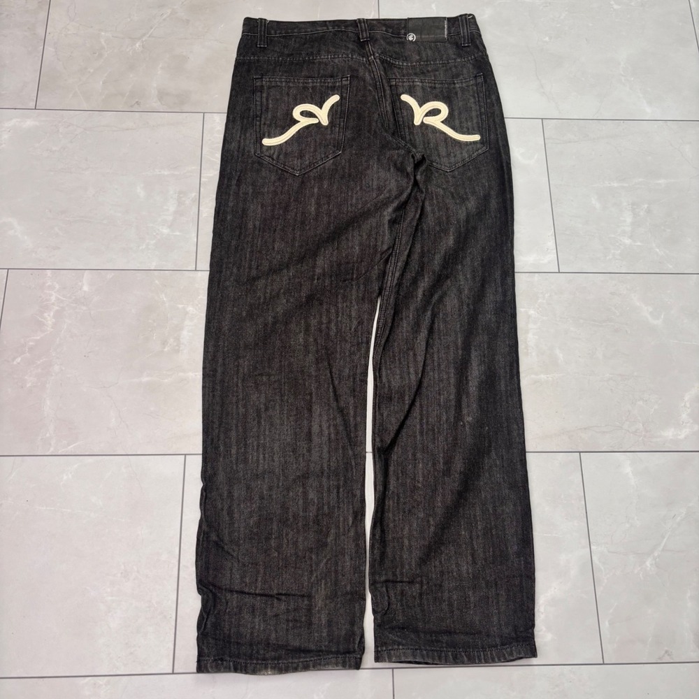 Rocawear Y2K Baggy Black Embroidered Wide Leg Hip Hop Jeans Size 34